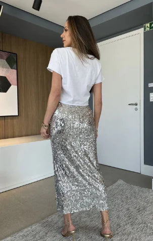 Pleated High Waist Slimming Mid-Length Sequin Skirt