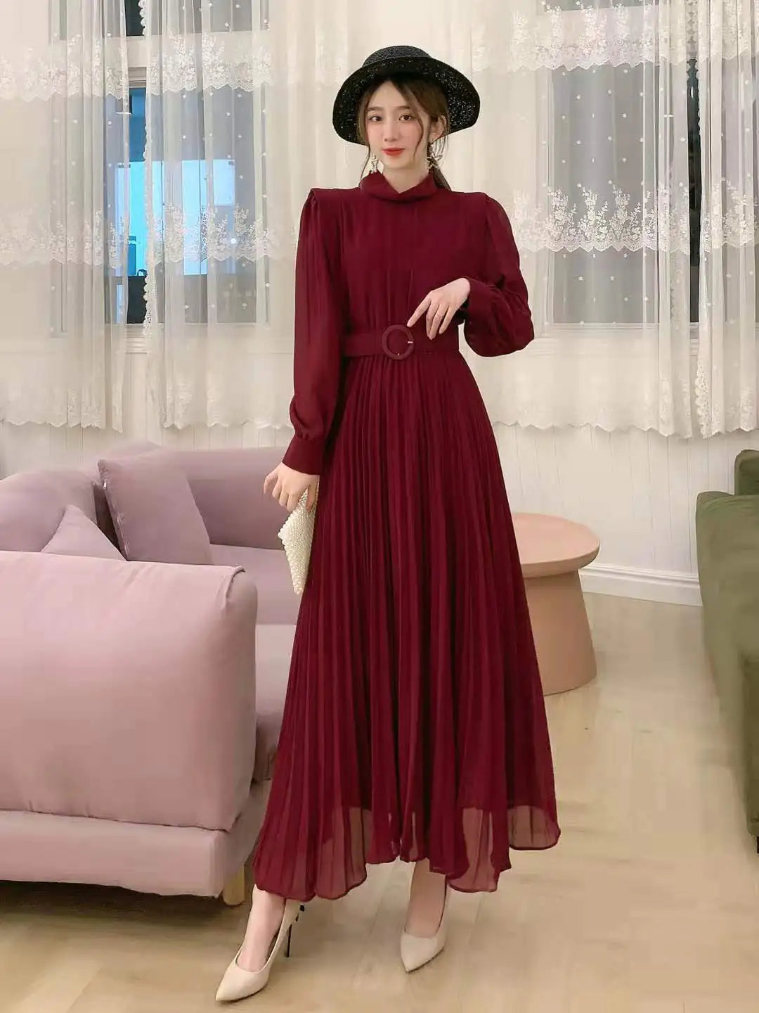 Knee-high Pleated Long Skirt for Slim Waist