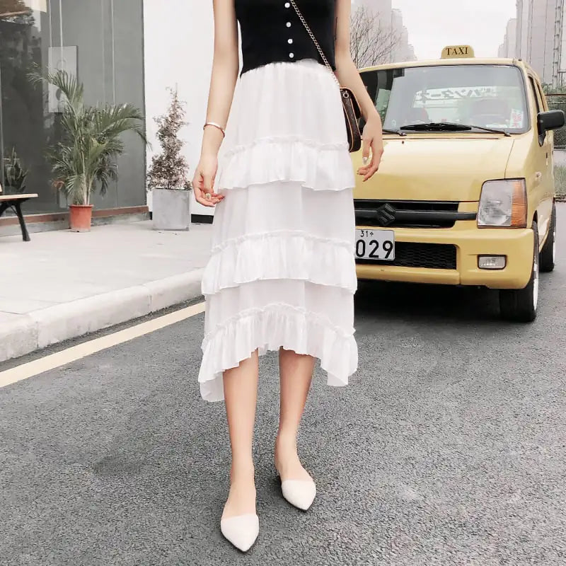 High Waist Tiered Pleated Mid-Length Irregular Skirt