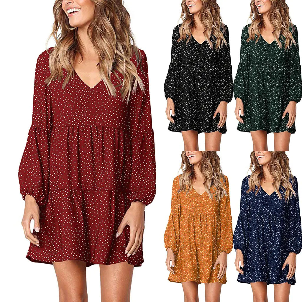 Women's Casual V-Neck Polka Dot Ruffle Dress (6 Colors)