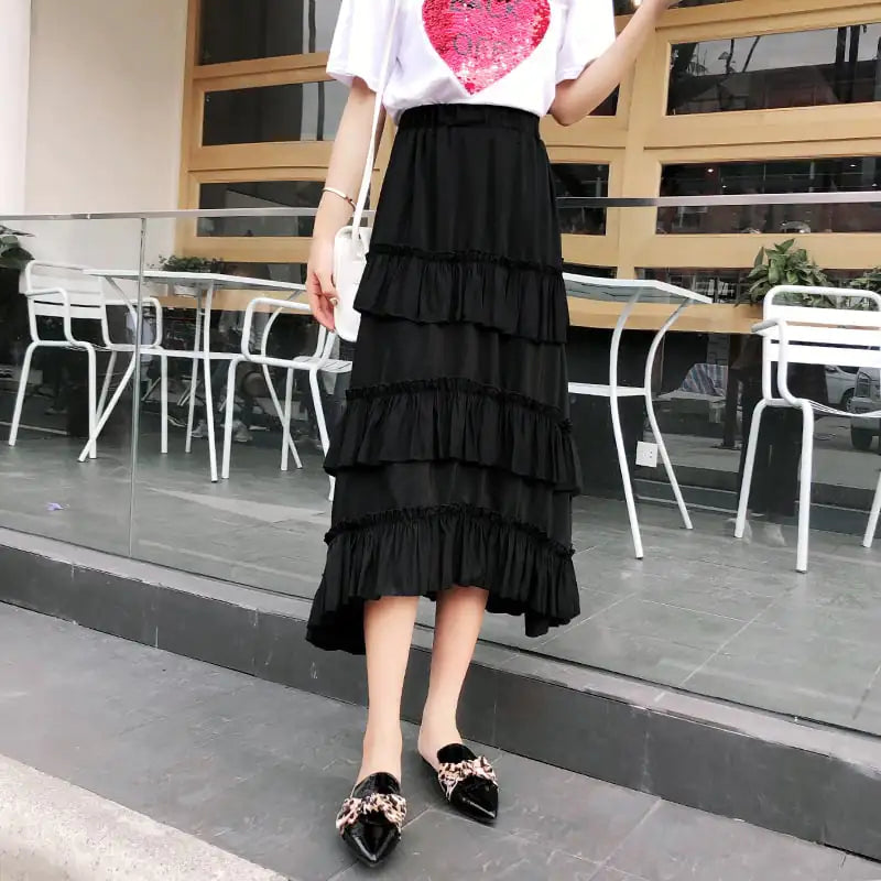 High Waist Tiered Pleated Mid-Length Irregular Skirt