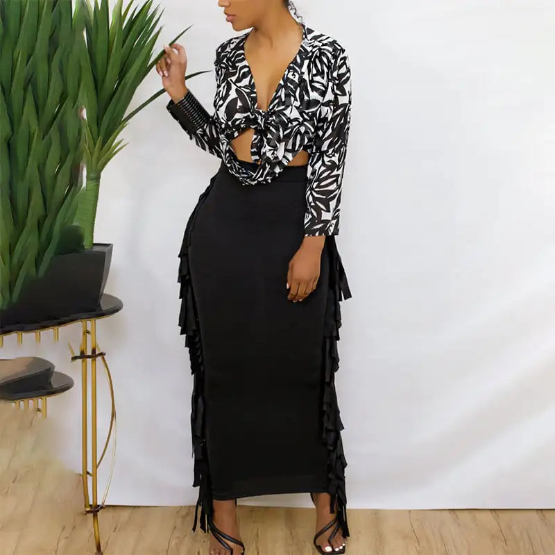 Pleated Mid-Length Fringed Skirt with High Waist