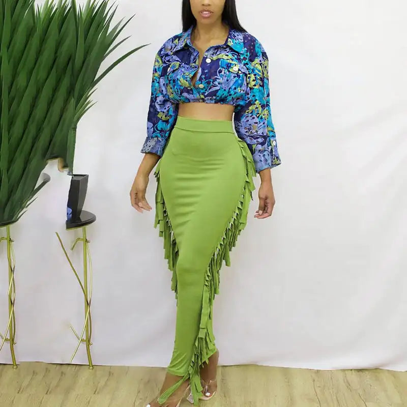 Pleated Mid-Length Fringed Skirt with High Waist