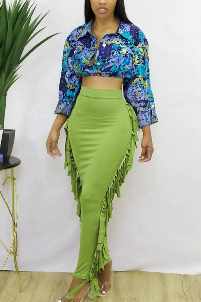 Pleated Mid-Length Fringed Skirt with High Waist