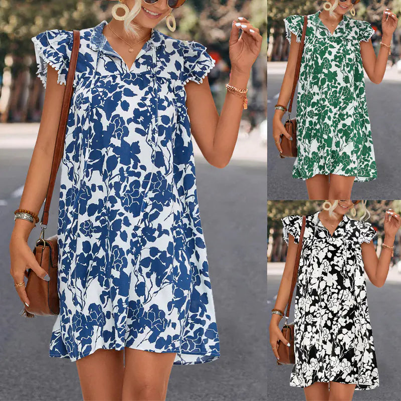 Women's Printed Dress with V-neck and Ruffle Sleeves