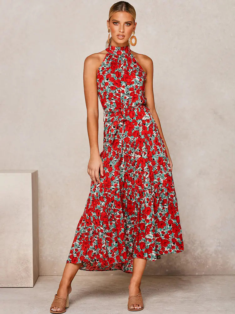 Women's V-neck Halter Ruffle Tie Dress