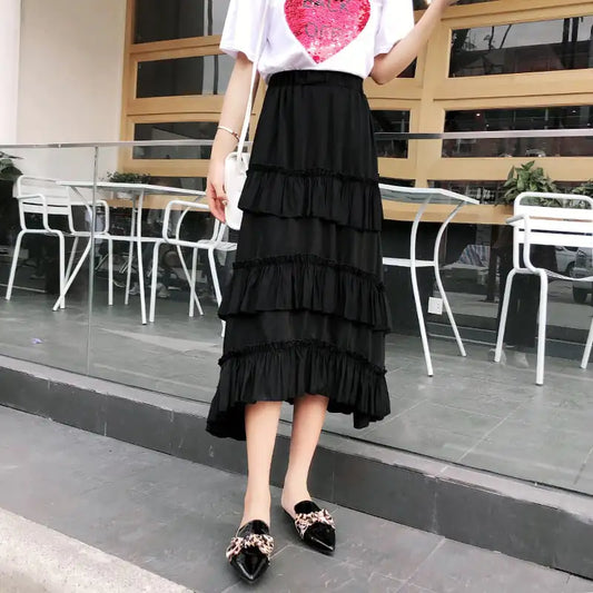 High Waist Tiered Pleated Mid-Length Irregular Skirt