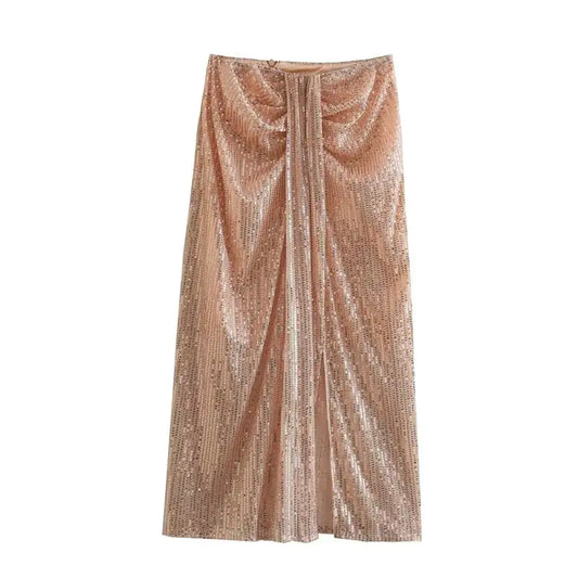 Pleated High Waist Slimming Mid-Length Sequin Skirt