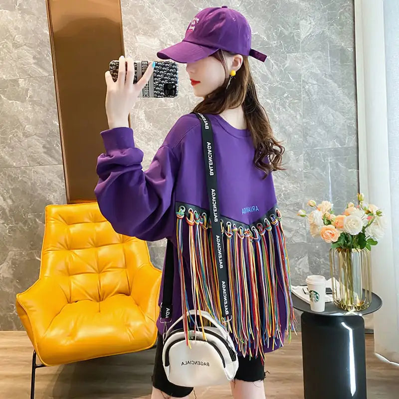 Colorful Tassel Round Neck Blouse and Small Jacket