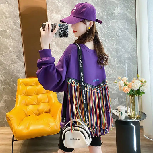 Colorful Tassel Round Neck Blouse and Small Jacket