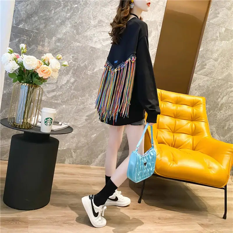 Colorful Tassel Round Neck Blouse and Small Jacket