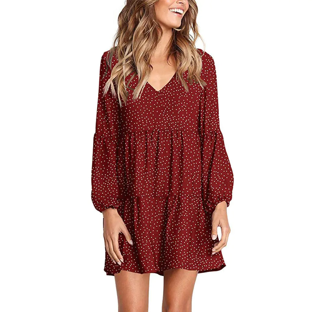 Women's Casual V-Neck Polka Dot Ruffle Dress (6 Colors)